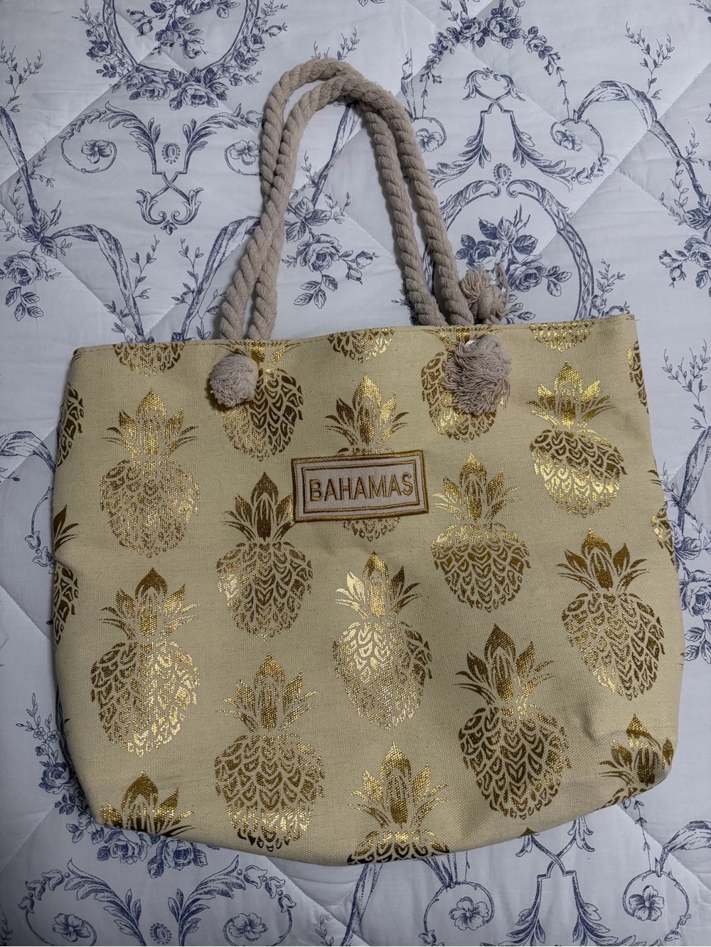 Gold Pineapple Beach Tote Bag - Cream